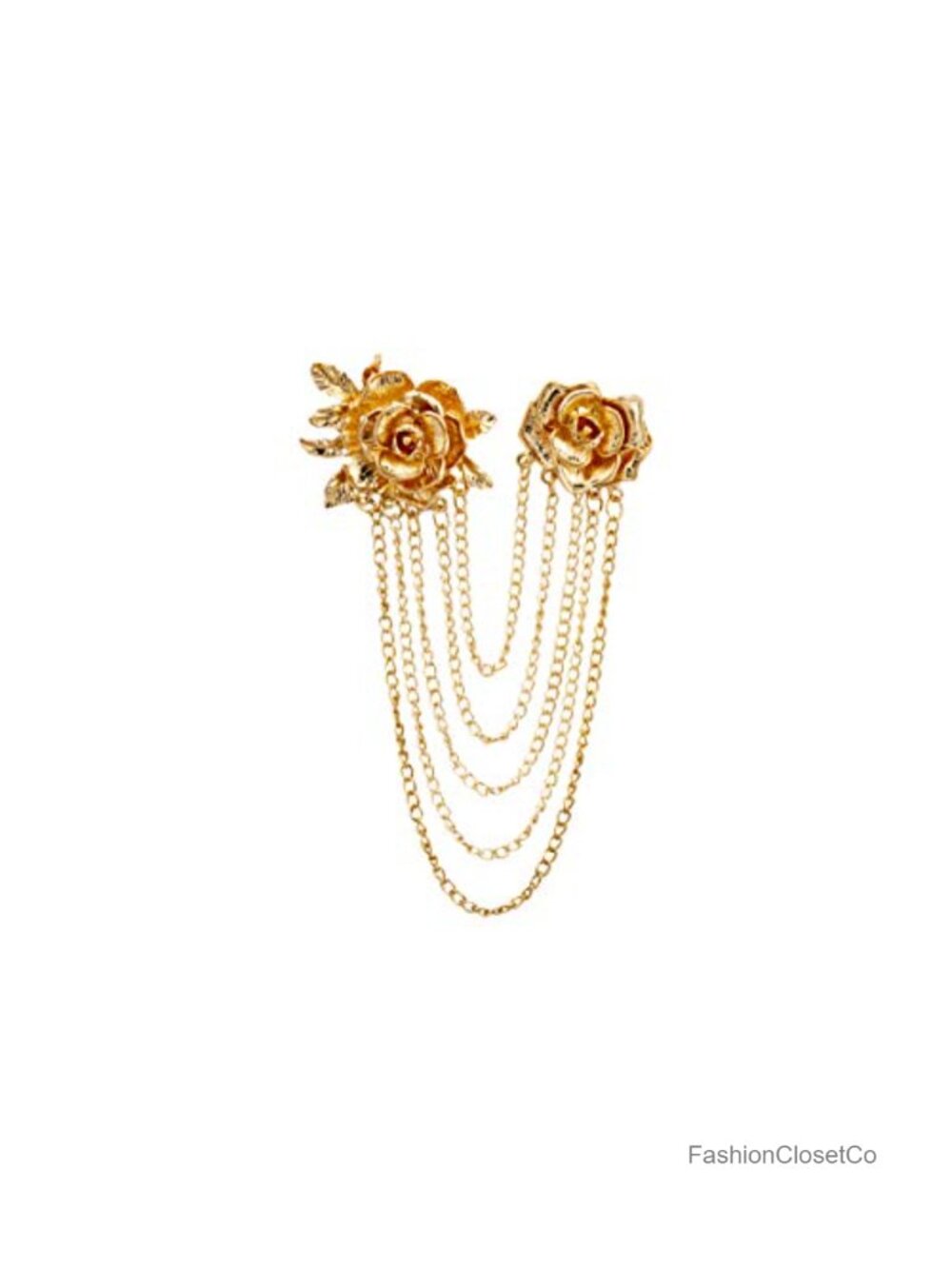 Gold Rose Brooch Pin with Hanging Chains Formal Lapel Pin